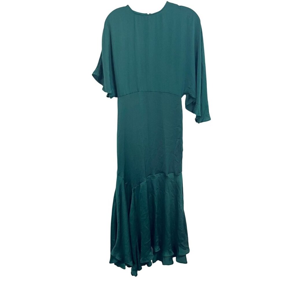 NEW‎ ASOS Satin Flutter Sleeve Midi Dress in Pine Green Bat Wing Slit Size US 4